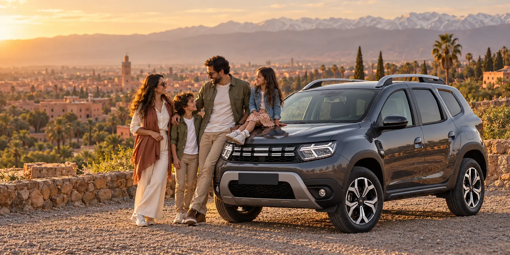A happy family on a road trip overlooking Marrakech and the Atlas Mountains